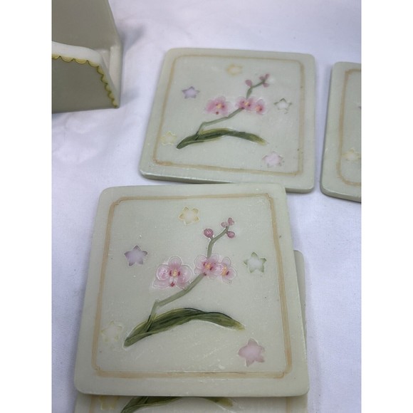 Set Of 4 Stone Hand Painted Coasters W Holder‎ 3D Butterfly & Flowers Sculpture - Picture 8 of 13